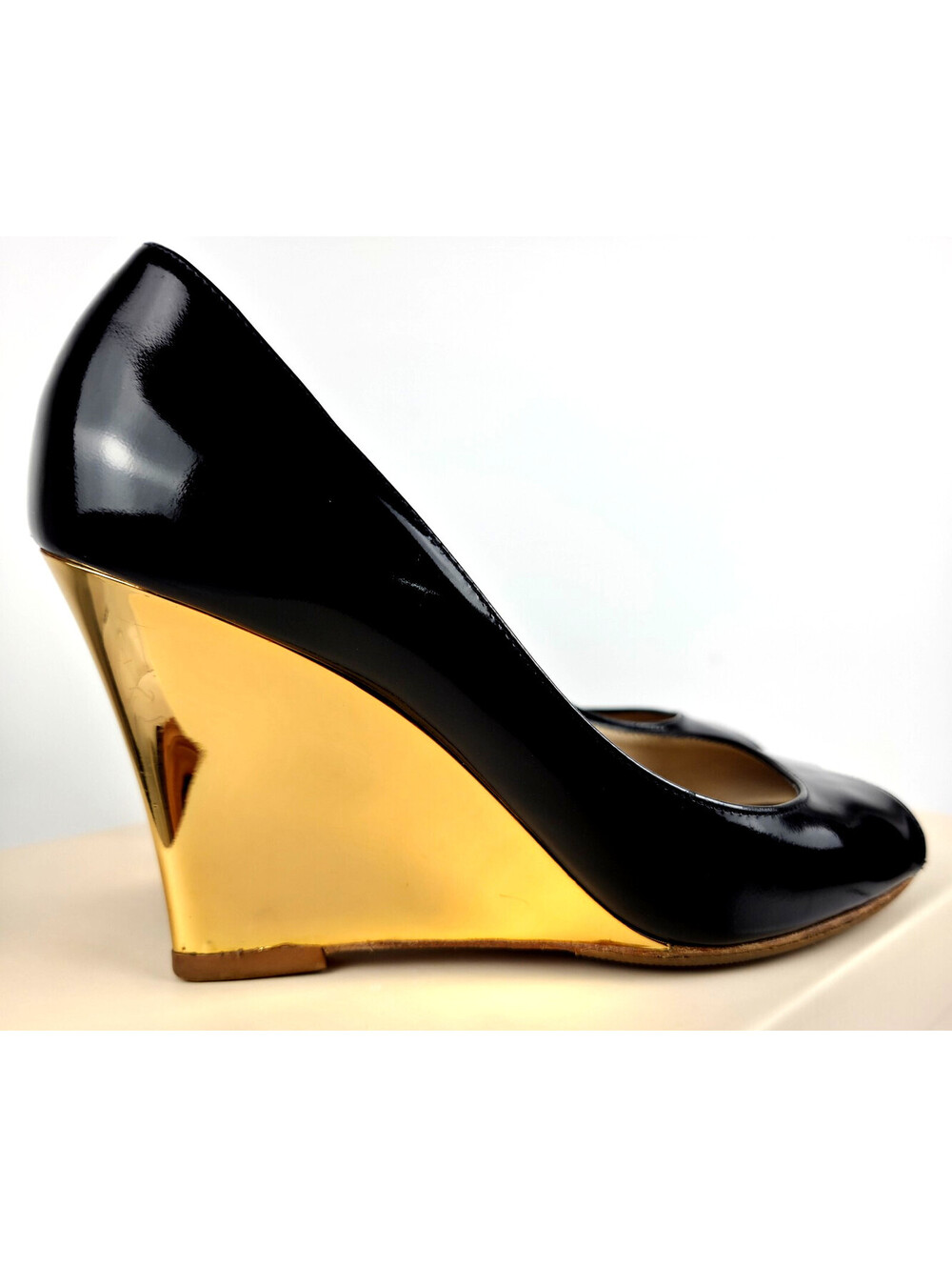 Jimmy Choo Black Patent Leather Peep Toe Wedges with Gold Wedge Heel